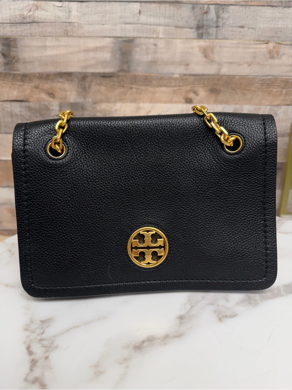 Tory Burch Black Pebbled Leather w/ Gold Chain Shoulder Bag